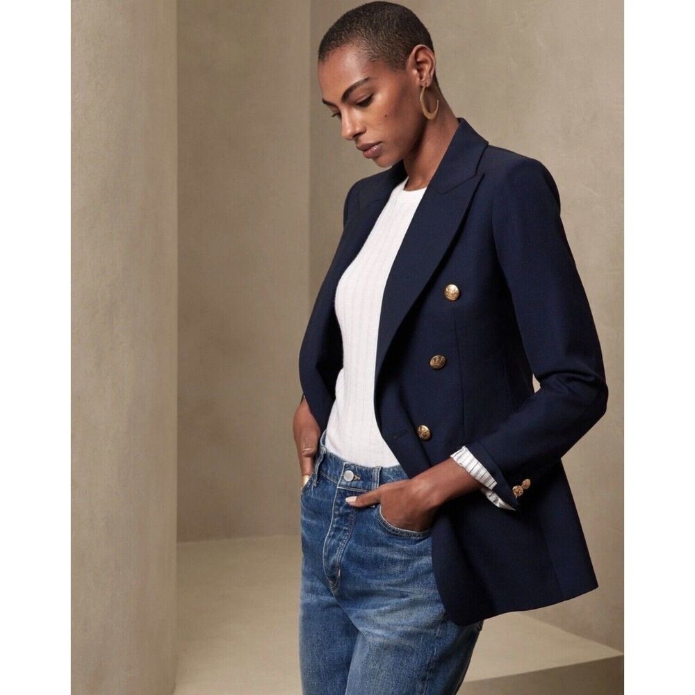 Banana Republic Navy Double-Breasted Blazer with Gold Buttons